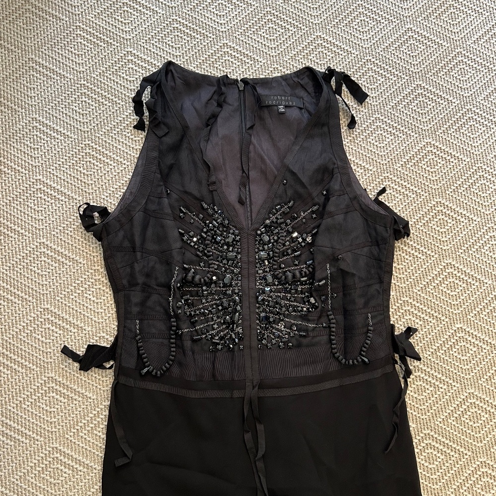 Robert Rodriguez | Knee-Length Beaded Black Dress With Ribbons, Size 6
